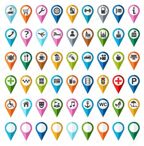 Colorful Map Pointers With Icons And Symbols On White Background Stock
