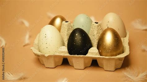 Easter Is Coming A Tray With Painted Eggs On A Nude Background Celebrations And Traditions