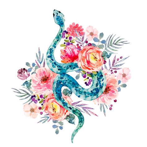 Blue Watercolor Snake In The Flower Garden Mini Art Print By Little