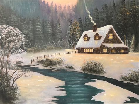 Snowy Cabin In The Woods Painting Img Extra
