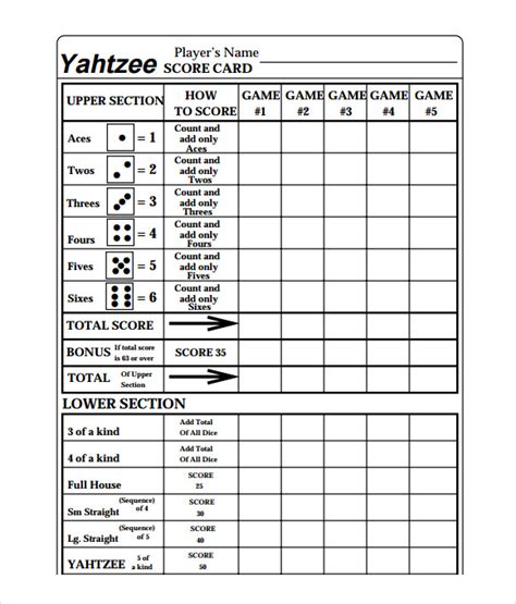 Sample Yahtzee Score Sheet Templates Pdf Word Excel Sample Templates