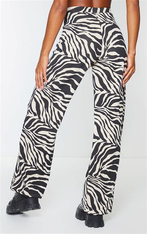 Stone Zebra Print Wide Leg Trousers Prettylittlething Usa