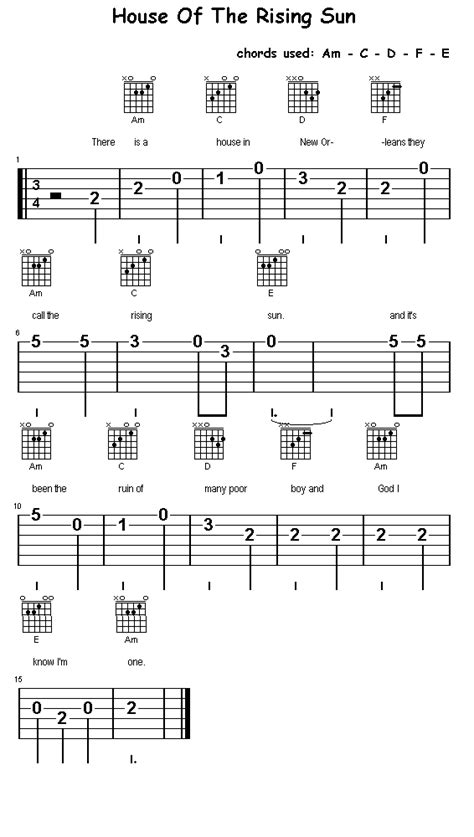 Section House Of The Rising Sun Am C D F E Chords
