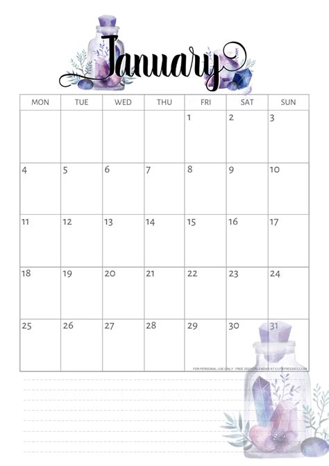 January 2021 Calendar Printable Crystals Cute Freebies For You