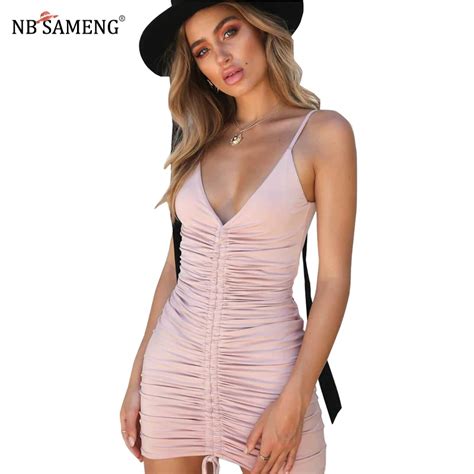 2018 Summer Dress Off Shoulder Sexy Lift Up Drawstring Pleated Strap Dresses Women V Neck