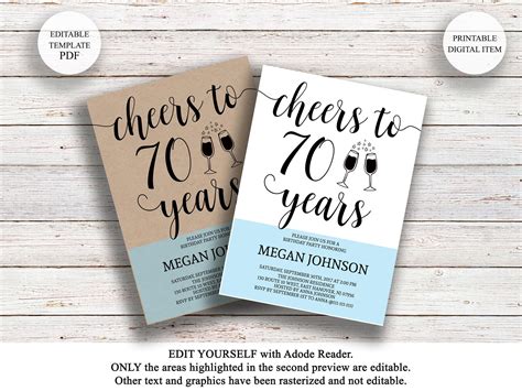 Editable 70th Birthday Invitation Cheers To 70 Years Rustic Etsy