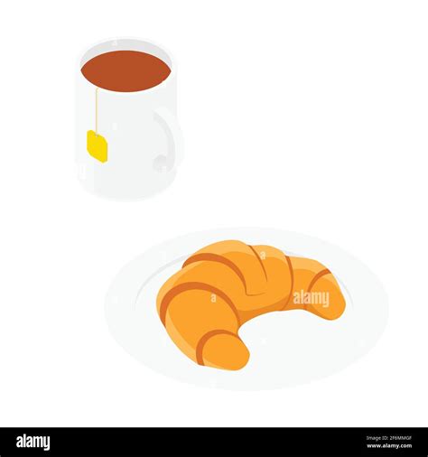 French Breakfest Croissant And Mug Of Hot Tea Isolated On White