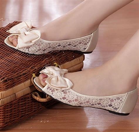 Details About Ivory Open Toe Silk Satin Lace Bow Flat Ballet Wedding Shoes Bridal Size 5 95