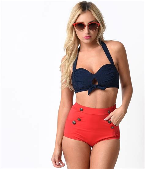 Preorder Unique Vintage Mrs Cooper Red High Waisted Sailor Short Swim Bottoms Retro High