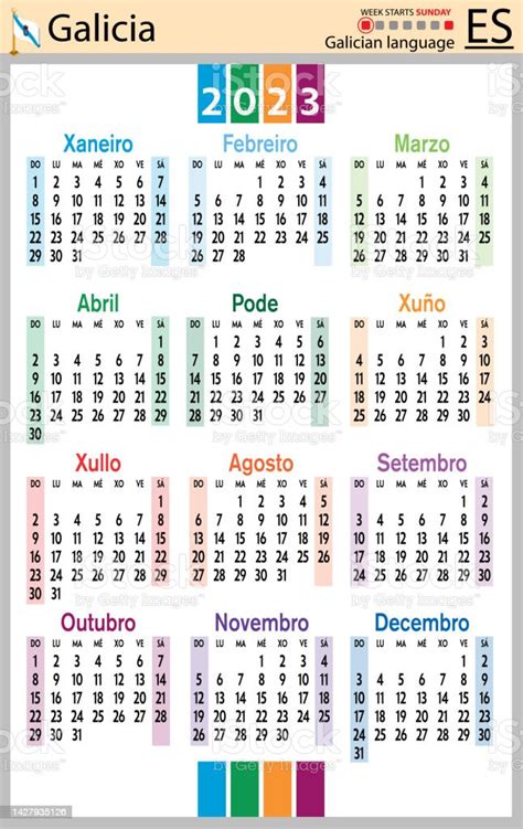 Galician Vertical Pocket Calendar For 2023 Week Starts Sunday Stock