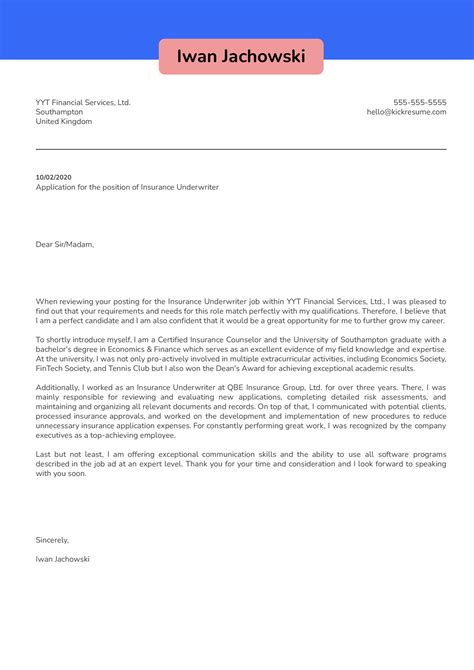 Browse cover letter examples for medical doctor jobs. Insurance Underwriter Cover Letter Example | Kickresume