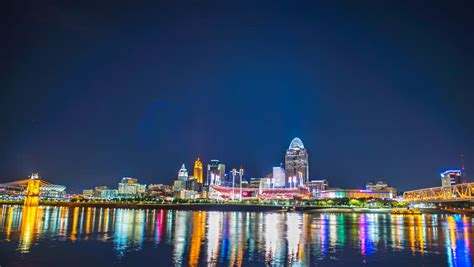 Cincinnati Skyline At Night With Lights In Ohio Image Free Stock