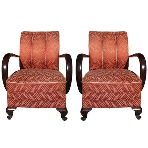 Pair of genuine art deco club chairs/armchairs. Pair French Art Deco Curved Arm Solid Walnut Club Chairs ...
