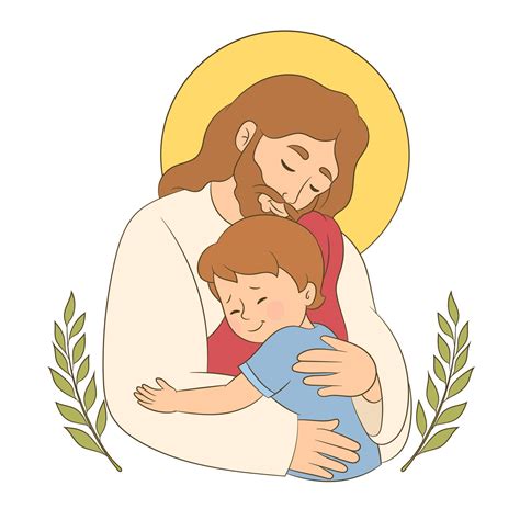 Jesus Hugging A Little Boy Feeling Love And Care In The Arms Of The