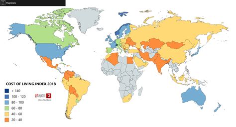 This map shows only the top cities in the world. Cost of living index (2018) | Map, World map, Cost of living
