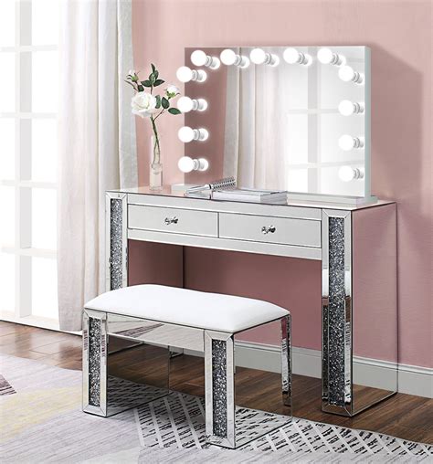 glam diamonds mirrored makeup vanity set includes dimmable etsy