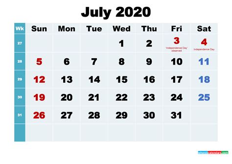 Free July 2020 Printable Calendar With Holidays