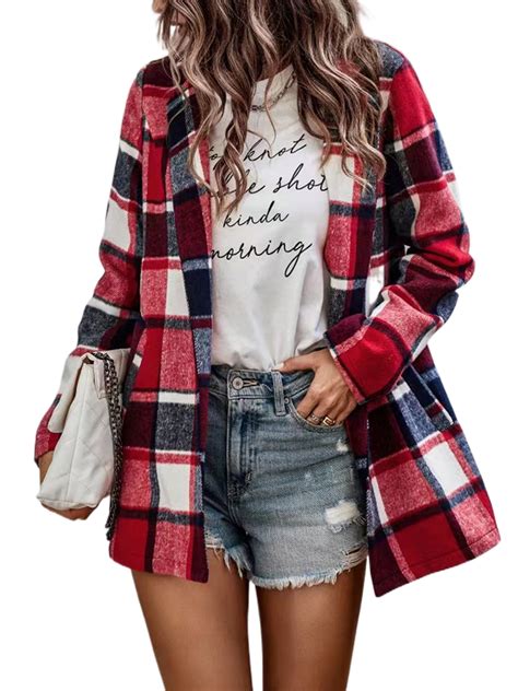 Ukap Women Vintage Flannel Plaid Shirt Jacket Button Up Front Shaket Blouses Lapel V Neck Tunic