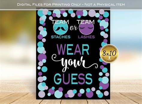 team staches or team lashes gender reveal wear your guess 8x10 table sign printable purple and