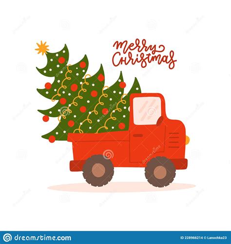 Vintage Red Truck With Christmas Tree Xmas Greeting Card With