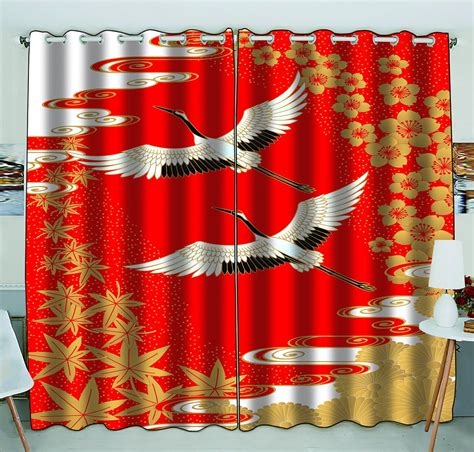 Phfzk Asian Window Curtain Classical Japanese Style Of Cranes Cherry