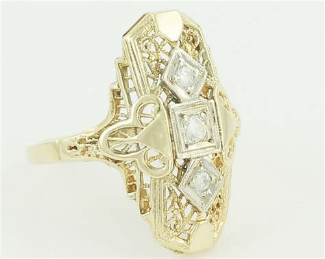 Vintage Gold Filigree Diamond Ring Edwardian Style 10k Yellow And