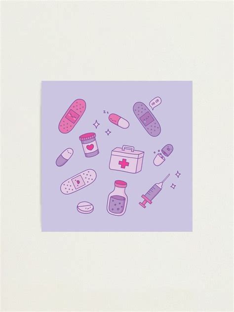 Cute Bandaids And Pills First Aid Set Purple Photographic Print By