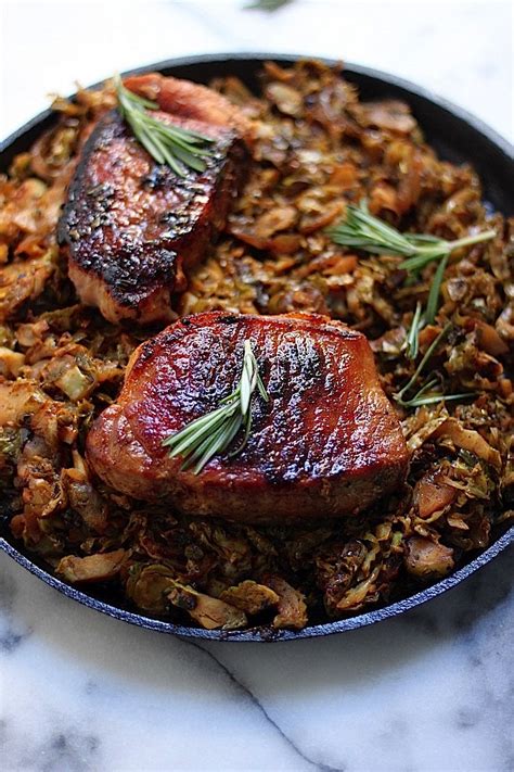 I grilled the meat, but it would work well on a skillet as well. Brown Sugar Rosemary Pork Chops with Caramelized Brussels ...