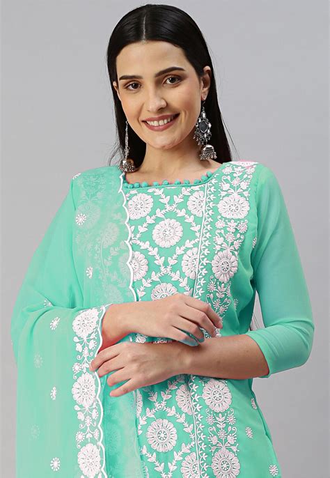 Embroidered Georgette Pakistani Suit In Sea Green Kmy82