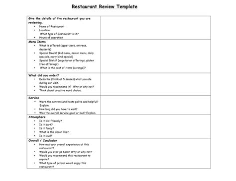 Restaurant Review Template Free Printable Templates