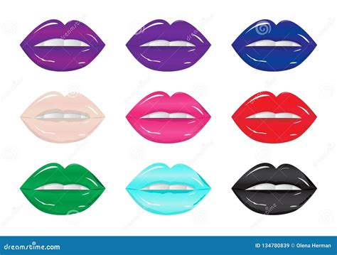 Bright Glamorous Glossy Lips Different Colors Vector Illustration