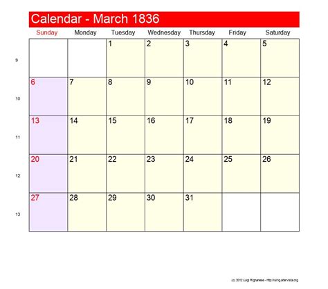 March 1836 Roman Catholic Saints Calendar