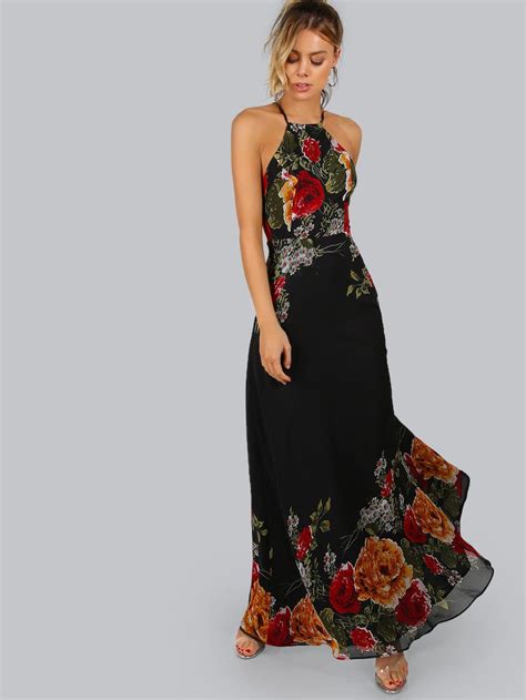 Shop Black Flower Print Halter Neck Open Back Maxi Dress Online Shein Offers Black Flower Print