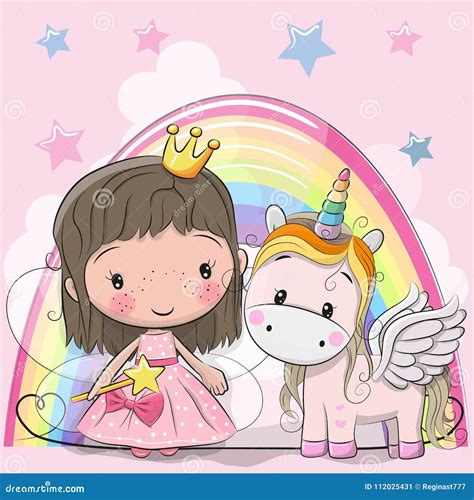Greeting Card With Fairy Tale Princess And Unicorn Stock Vector