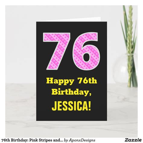 76th Birthday Pink Stripes And Hearts 76 Name Card