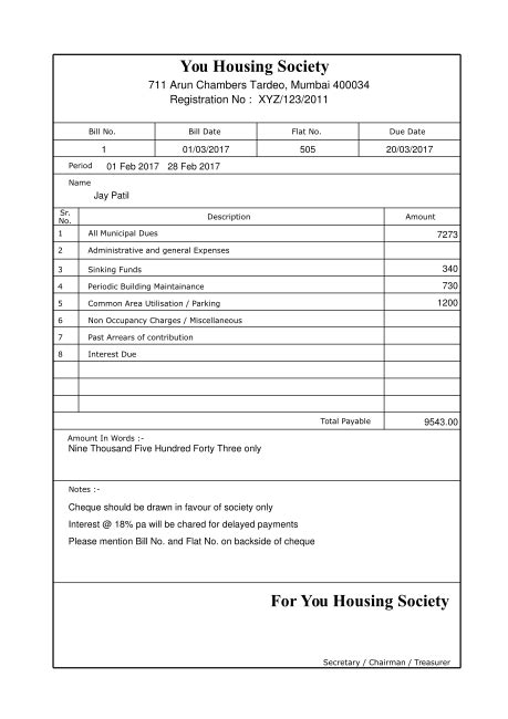Housing Society Maintenance Bill Format In Excel Services Apartment