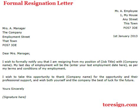 The document will ensure that you provide the necessary and relevant details to produce a formal, yet amicable, resignation letter. Formal Resignation Letter Example - toresign.com