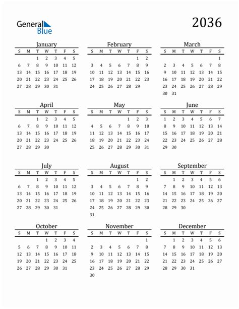Free 2036 Calendars In Pdf Word Excel