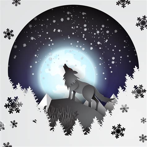 Paper Art Wolf On Mountain With Snow And Full Moon In Winter 1339341