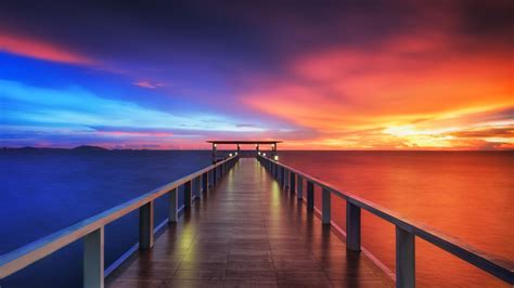 Wooden Pier 4k Wallpaper Bridge Sunset Horizon Resort Dawn