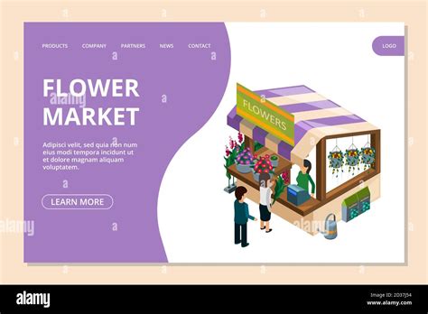 Flower Market Landing Page Template Isometric Flowers Counter People