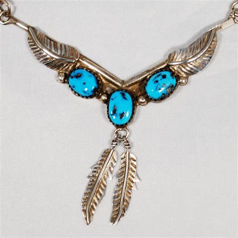 Vintage Sterling Native American Turquoise Feather Necklace Tresors