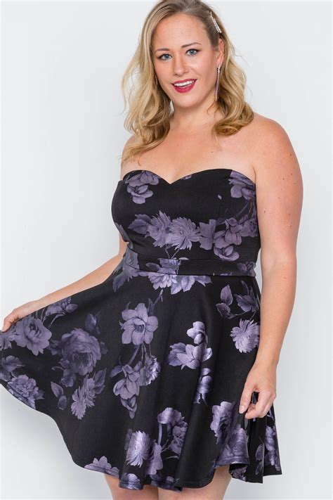 Plus Size Black Fit And Flare Floral Mini Dress 2xl Plus Size Mini Dresses Curvy Size Dress