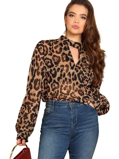 Buy SheIn Women S Choker Neck Long Sleeve Sheer Leopard Print Chiffon Blouse Top Online At