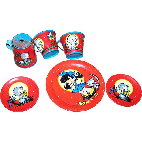 Vintage Tin Litho Dishes Collectible Toy Collectible Childs Tea Set