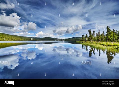 Beautiful Still Lake With Reflection In Altai Mountains Stock Photo Alamy