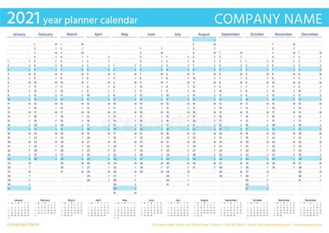 Planner 2021 Year Calendar Template Vector Illustration Yearly