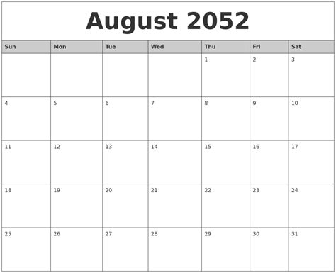 August 2052 Monthly Calendar Printable