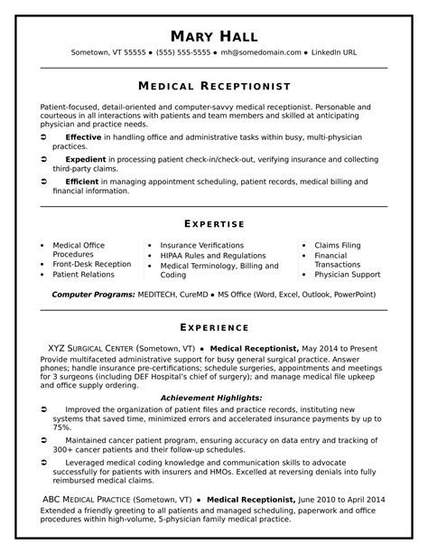 Sample Resume Objectives Medical Receptionist - Temiarianae