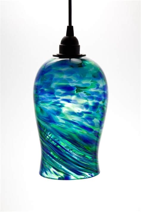 Hand Blown Glass Hanging Light Pendant Fixture In Blue And